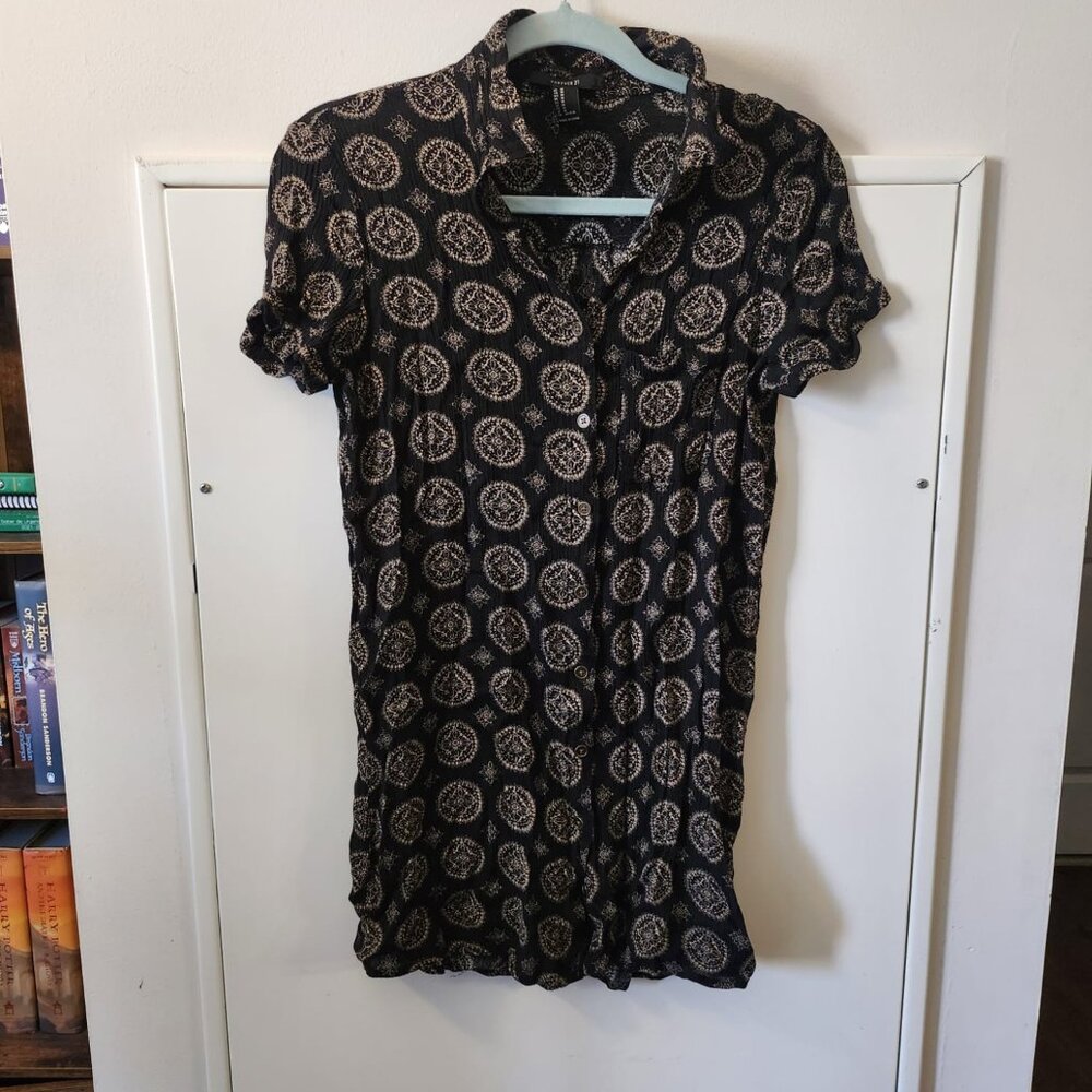 Forever 21 Printed Button Up Tunic Top Size M Black Boho Blouse